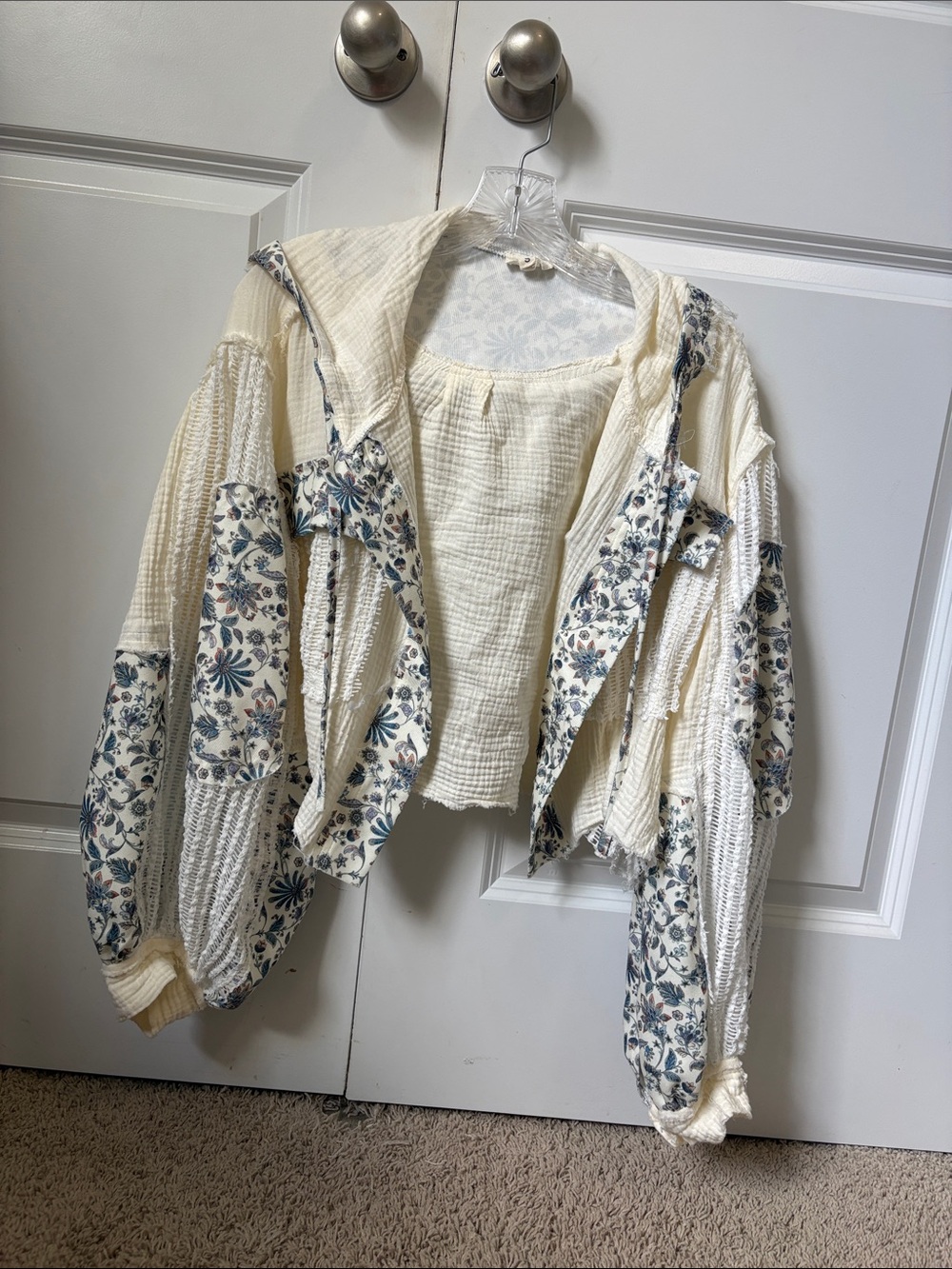 POL Cream Button-Down Shirt with Blue Floral Panels